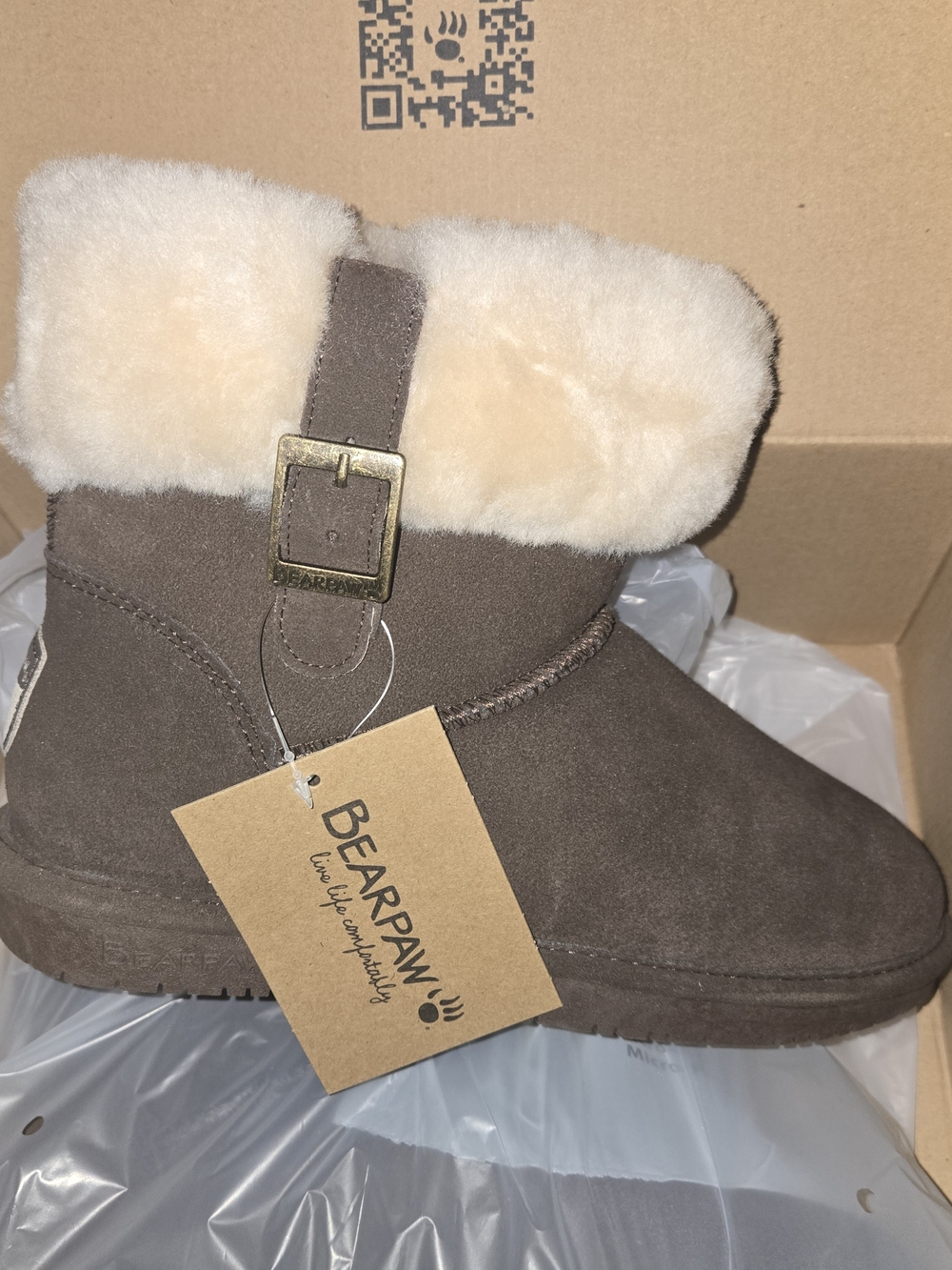 BearPaw Brown Suede Ankle Boot with Cream Shearling Cuff